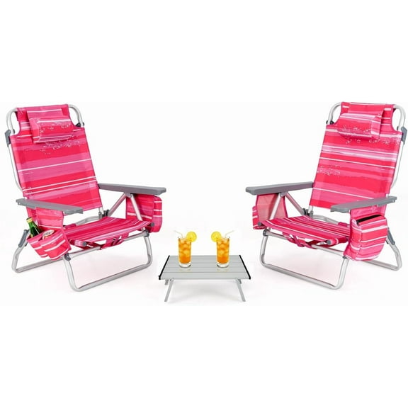 Backpack Beach Chair, 5 Position Adjustable Camping Chairs with Aluminum Table, Head Pillow, Cooler Bag, Cup Holders, Folding Beach Chairs for Adults (with Table, Pink Stripe)