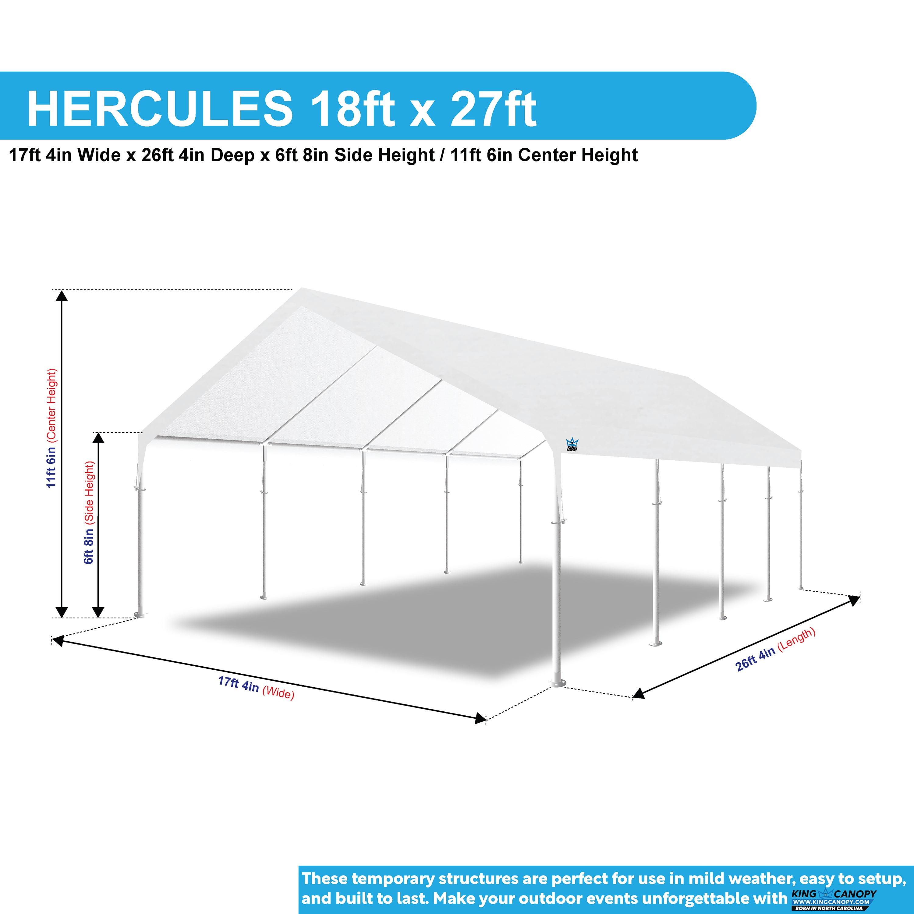 King Canopy  Hercules 18ft x 27ft, 2in Hammertone Steel Frame w/ buttons, 10-Leg, Carport, White