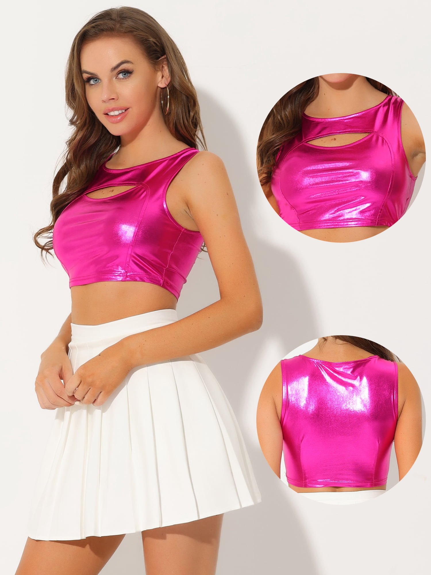 DARING DIVA Women's Shiny Metallic Crop Cut Out Party Tank Tops M Fuschia Pink