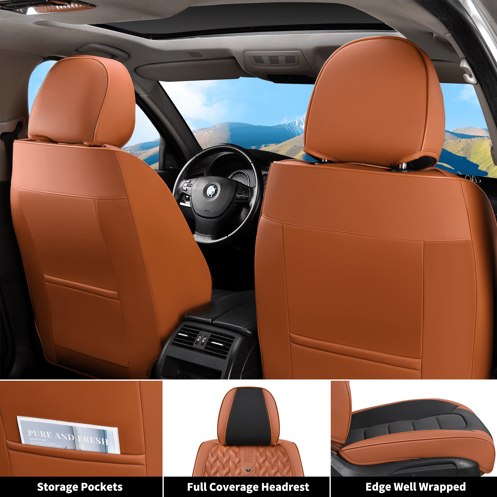 FLORICH Full Set Car Seat Covers, Waterproof Faux Leather Seat Protectors, Comfortable Auto Interior Cushions Fit for Most Cars Suv Trucks, Black & Brown