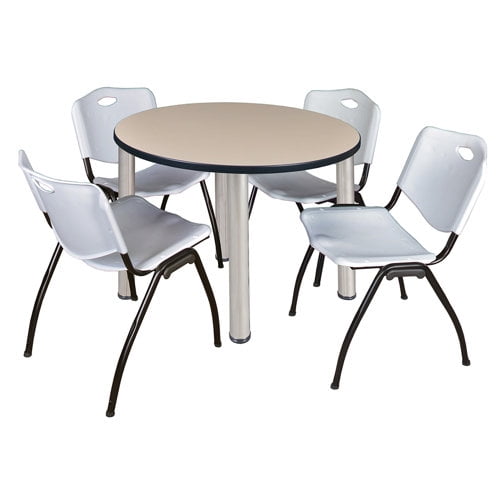 Regency Kee 36" Round Breakroom Table- Cherry/ Black & 4 'M' Stack Chairs- Grey