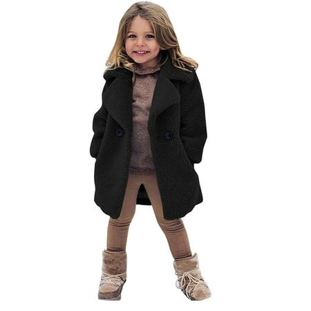 

EHTMSAK Infant Baby Girl Long Sleeve Pockets Outerwear Toddler Child High Neck Fall Winter Jacket Open Front Fleece Coat Black 18M-6Y 90