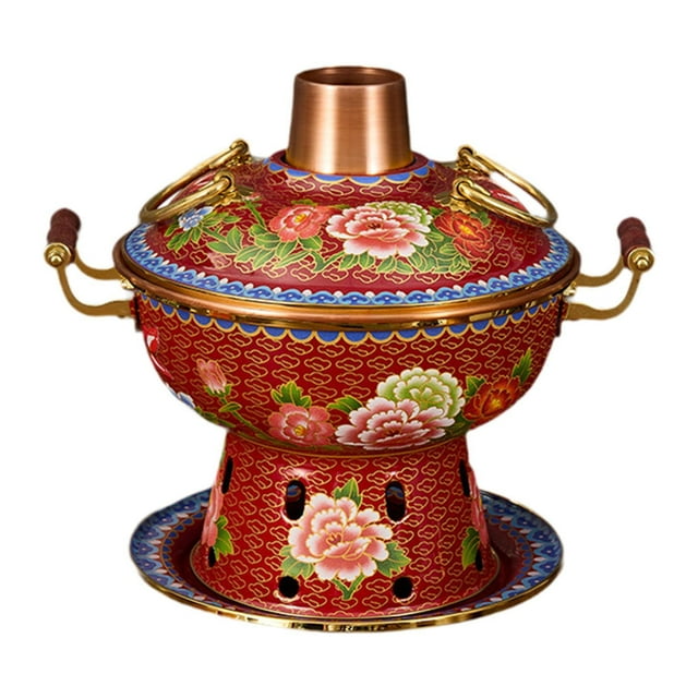 Olla caliente cloisonné, olla caliente de cobre, olla caliente para una sola persona, olla caliente tradicional china Shabu Rojo