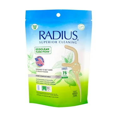 RADIUS EcoClean Compostable Dental Floss Pick, Adult, Peppermint, 75 Count, Eco-Friendly Dental Care