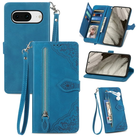 Compatible for Google Pixel 8A Wallet Case for Women Girls with Card Holder - Retro Embossed Flower Zipper Wallet PU Leather Flip Cover with Detachable Wrist Hand Strap, Blue