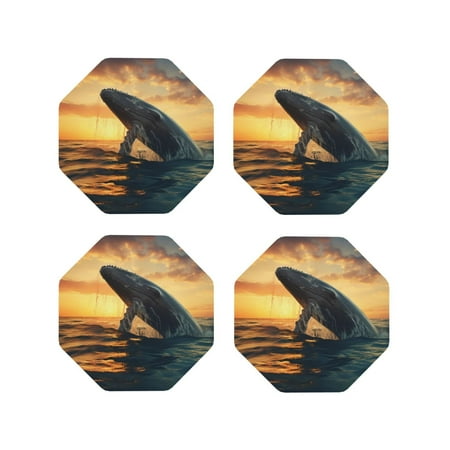 

Leather Coasters Set of 4 - Sunset Ocean Whale Lightweight Non-Slip Drink Coasters for Desk Anti-Scalding Desk Cup Coasters for Office Table Decor Octagon