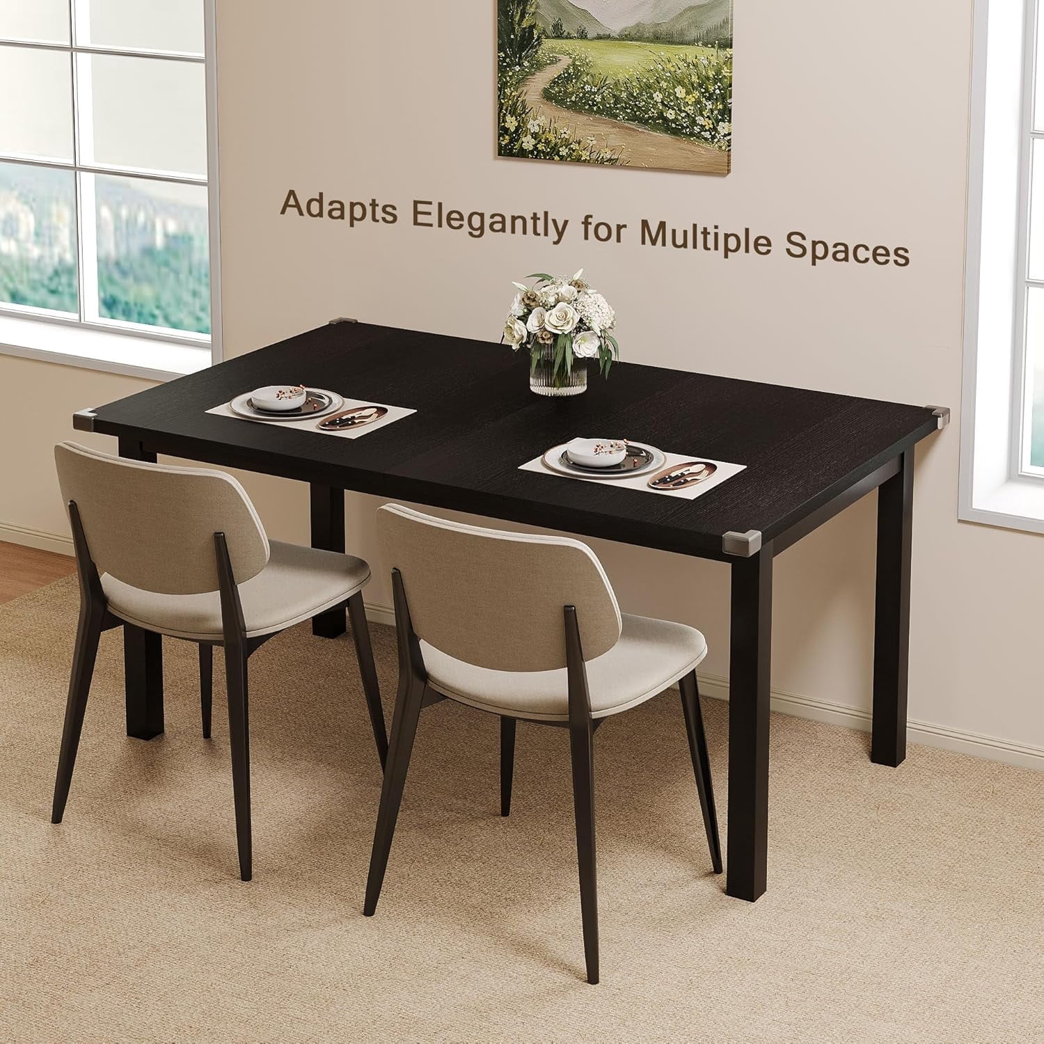 Honfach 63" Extendable Dining Table for 4-8, Square Wooden Dining Room Table with Metal Base, Modern Extendable Table for e for Small Kitchens, Dining Office Areas, Black