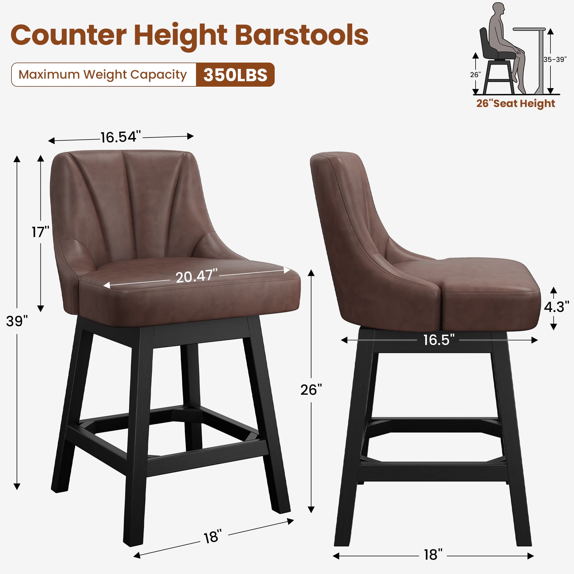 LainTene 26" Swivel Bar Stools with Backs, 26" Counter Height Bar Stools, Extra Upholstered Counter Barstools with Square Solid Wood Legs for Kitchen Island, Dining Room
