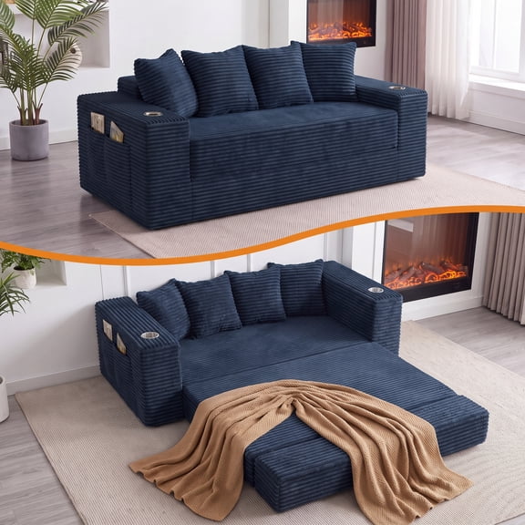 Pionex 78" Convertible Sofa Bed, Boneless Couch Sleeper Sofa with Cup Holders & Side Pockets, Corduroy Loveseat Couch, No Assembly Required Sofa Bed for Living Room, Apartment & Small Spaces