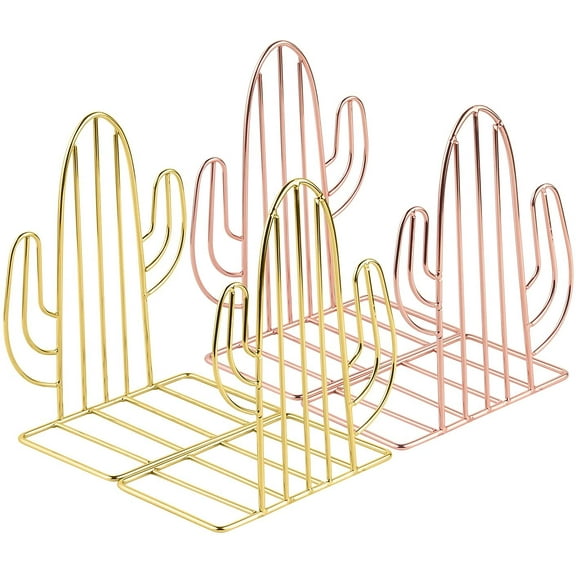 Bookends, MSDADA Metal Book Ends for Shelves, Geometric Book Holder for Heavy Books, Decorative Cactus Book Shelf Holder, Non-Skip Book Stoppers for Office, School, Home(Gold&Rose Gold,2 Pairs)