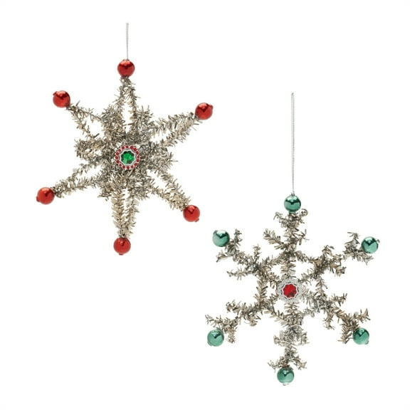 Melrose Jeweled Tinsel Snowflake Ornament Set of 12
