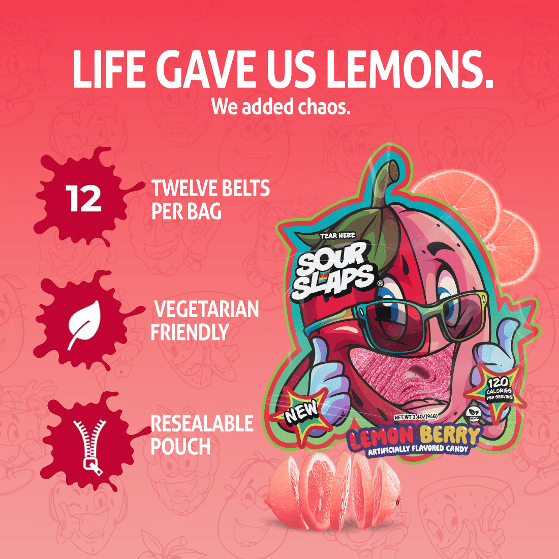 Sour Slaps 9-Pack Flavored Sour Candy Belts - Deliciously Sour, Fresh & Chewy, Extreme Sour Kick, Vegetarian, 9 Mouth Watering Flavors Sweet Snack Fruit Candies Tangy Bonbon