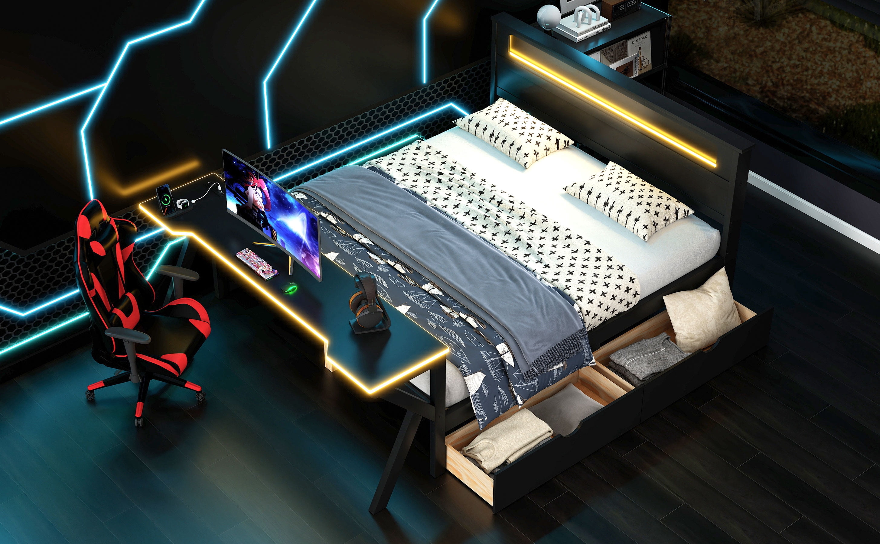 Mintazer Gaming Bed with Desk & Charging Station, Full Platform Bed with 2 Storage Drawers & LED Lighting Dorm Bedroom, Black