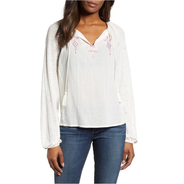 Lucky Brand Blusa campesina bordada para mujer, color blanco roto, pequeña Lucky Brand Campesino