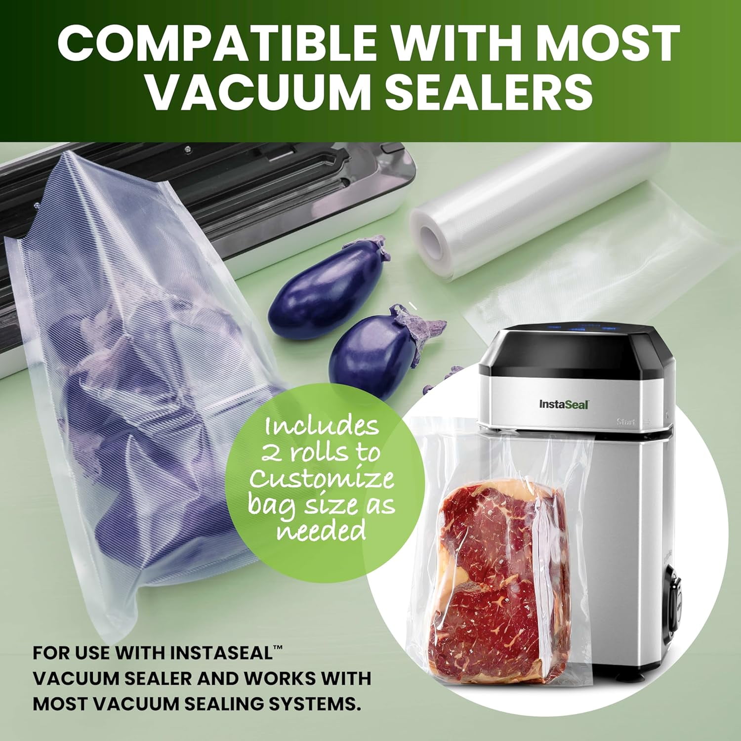 InstaSeal Vacuum Sealer Bags for Food, 1 Roll 8" x 20 Ft + 1 Roll 11" x 20 Ft + 30 Pre Cut Vacuum Seal Bags for Food, Works with MOST Vacuum Sealer Machines, Helps Keep Food Fresher Longer