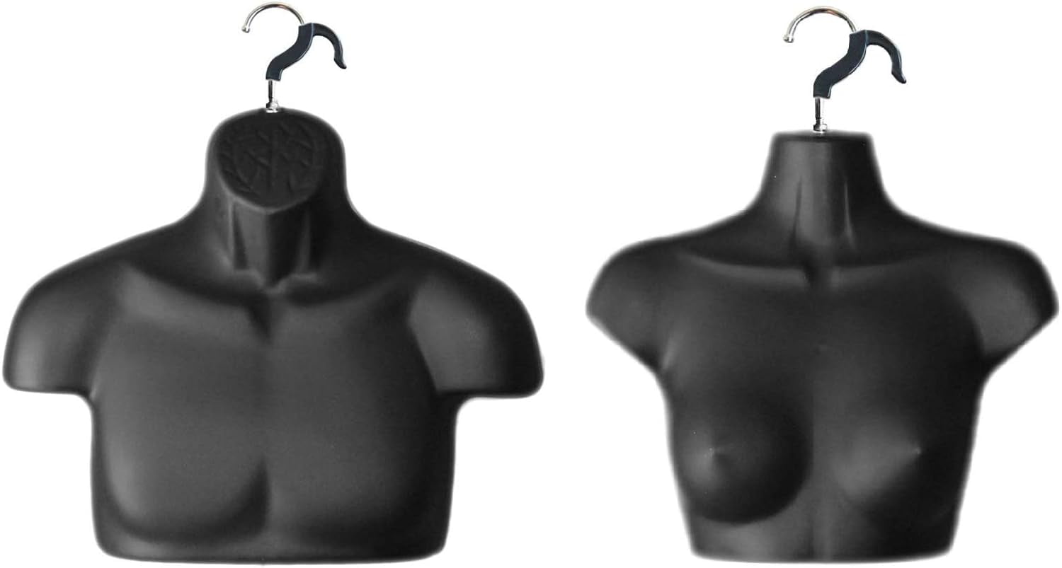 Black Male + Female Mannequin Chest Long Hollow Back Body Torso Set w/ Acrylic Stand with Metal Pole & Hanging Hook, S-M Size (2)