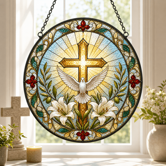 In Jesus Name Stained Glass Suncatcher for Window Hanging with Cross and Dove