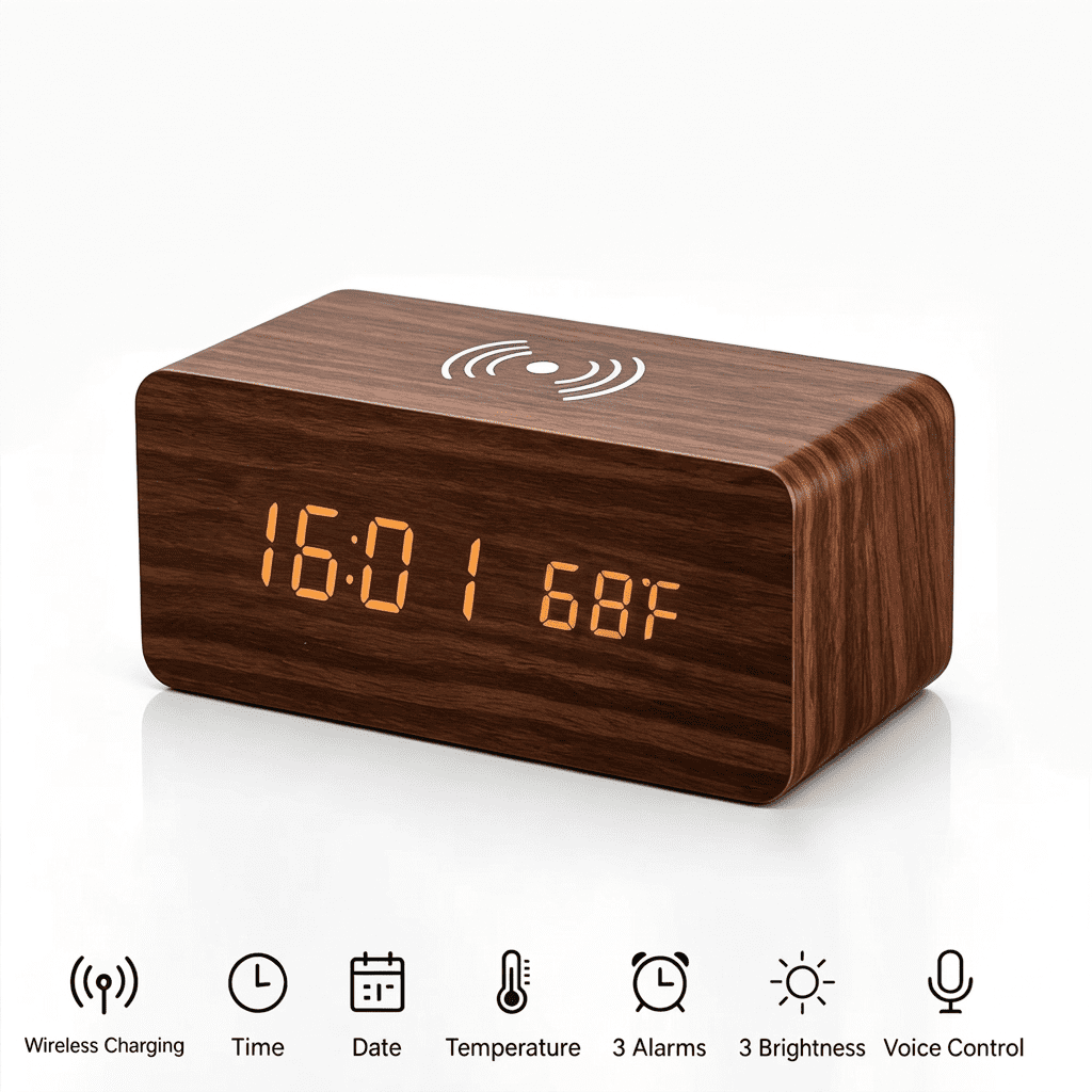 DAYBETTER Wooden Digital Alarm Clock, 3 Brightness Adjustable Wireless Charging Bedside Clock , Voice Control Timer Temperature Display LED Desk Clock for Bedroom Living Room