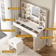 Vabches Modern Vanity Desk Set with Large Mirror and Stool, Large Makeup Table Set with 3 Drawers, 2 Cabinets & Storage Stool, Adjustable Lighting Colors