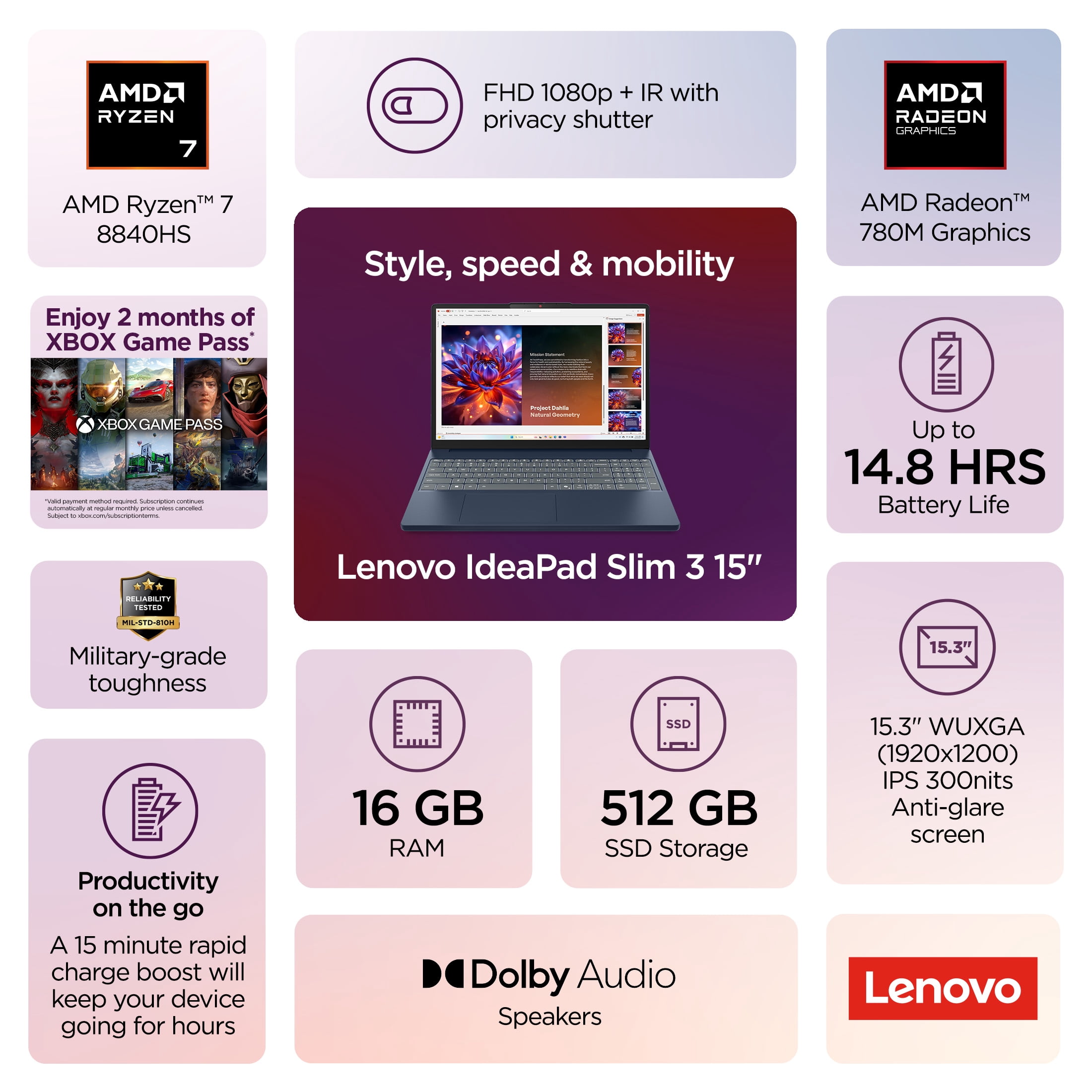 Lenovo IdeaPad Slim 3 15" Laptop, AMD Ryzen 7, 16GB RAM, 512GB SSD, Cosmic Blue