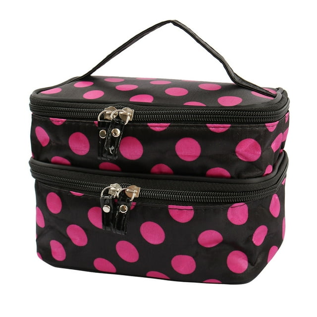 Travel Cosmetic Makeup Bag Organizer Double Layer Dot Pattern Toiletry Bag Case Pouch With Mirror For Woman