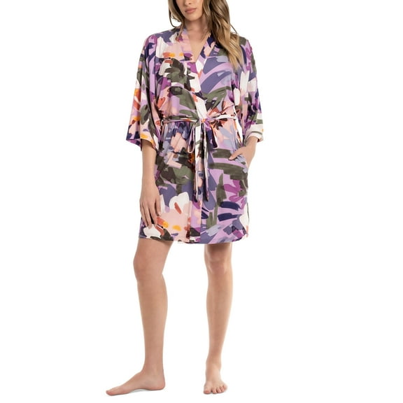 Linea Donatella Women's Printed Knit Wrap Robe - Purple, Size S/M