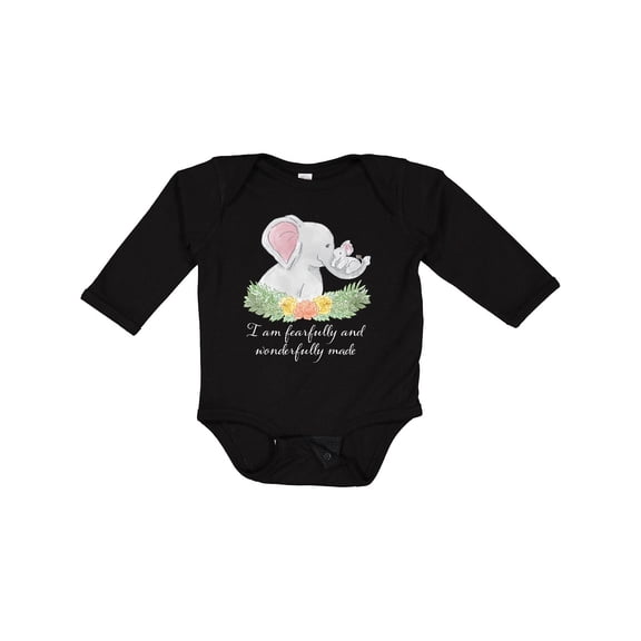 Inktastic I Am Fearfully and Wonderfully Made Elephants and Flowers Boys or Girls Long Sleeve Baby Bodysuit