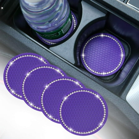 

4 Pack Bling Car Coasters 2.75 Inch Bling Crystal Rhinestone Soft Rubber Universal Anti-Slip Glitter Cup Mats Auto Drink Coaster Car Interior Decoration Accessories for Women Girls Purple