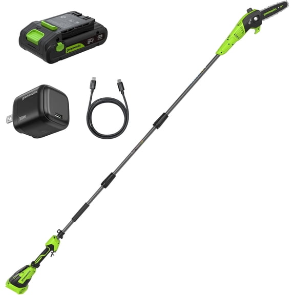 Greenworks 24V Brushless 8" Pole Saw, 2.0Ah Battery and 30W Typc-C Charger (3-FT)