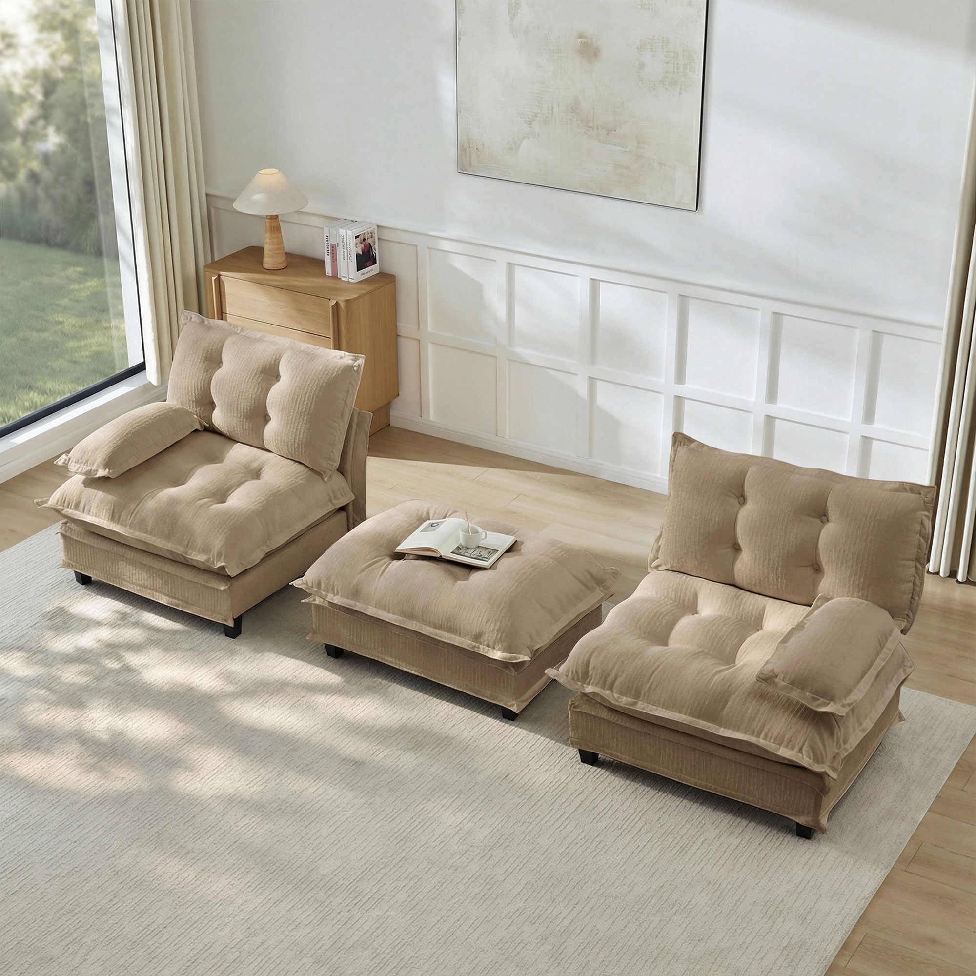MAYEERTY 77 Inch L-Shaped Sectional Sofa with Ottoman, Chenille 2-Seat Modular Couch, Solid Wood & Metal Frame for Living Room Bedroom Apartment