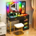 thumbnail image 2 of HNEBC Vanity Desk with Mirror and RGB Lights, Glass Top Makeup Vanity with Auto Sensor Lights and Wireless Charging, Vanity Table Set with Cushion Stool, Dressing Table with 6 Drawers (Black), 2 of 10