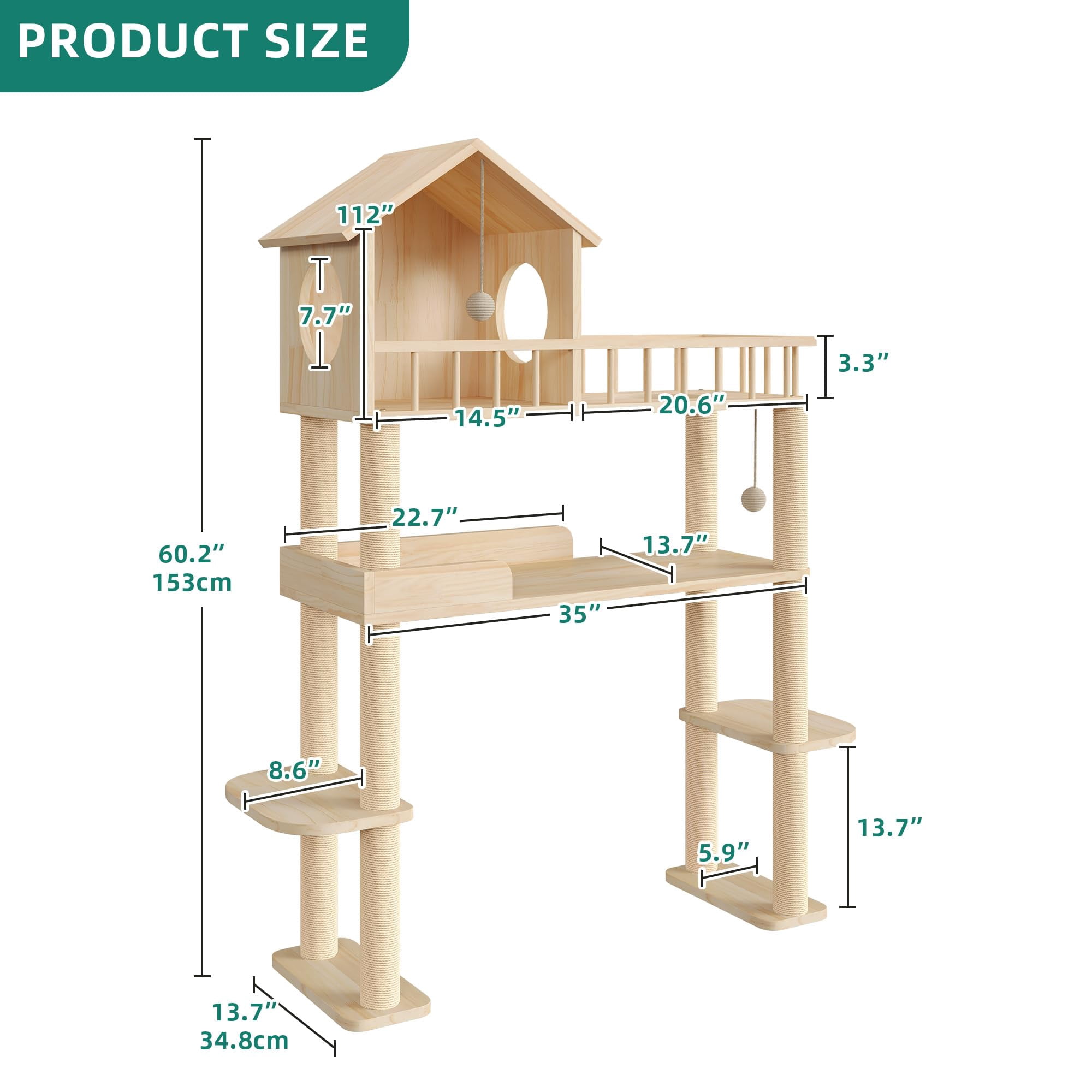 Wood Cat Tower For Automatic Litter Box  60"h Tree With Multi-level Solid Indoor Large Cats Tall Furniture W/cats House Burlywood