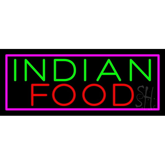 Indian Food with Pink Border LED Neon Sign 13 x 32 - inches, Black Square Cut Acrylic Backing, with Dimmer - Bright and Premium built indoor LED Neon Sign for restaurant window and interior decor.