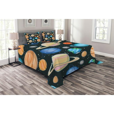 Galaxy Bedspread Set, Cute Galaxy Space Art Solar System Planets Mars Mercury Uranus Jupiter Venus Kids Print, Decorative Quilted Coverlet Set with Pillow Shams Included, Multi, by Ambesonne