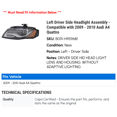 thumbnail image 2 of Left Driver Side Headlight Assembly - Compatible with 2009 - 2010 Audi A4 Quattro, 2 of 2