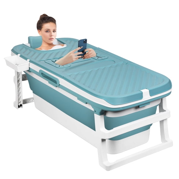 51" Portable Folding Bathtub, Collapsible Soaking Bath Tub for adult, Foldable Tub with Thermal Cover, Massage Roller, Hollow Hand Holes, Freestanding Large