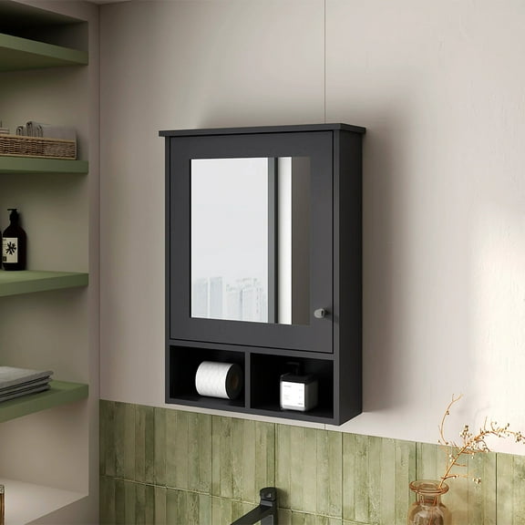 Black Medicine Cabinet with Door and Included Mirror,Black Particle Board Bath Faucets Bathroom Storage