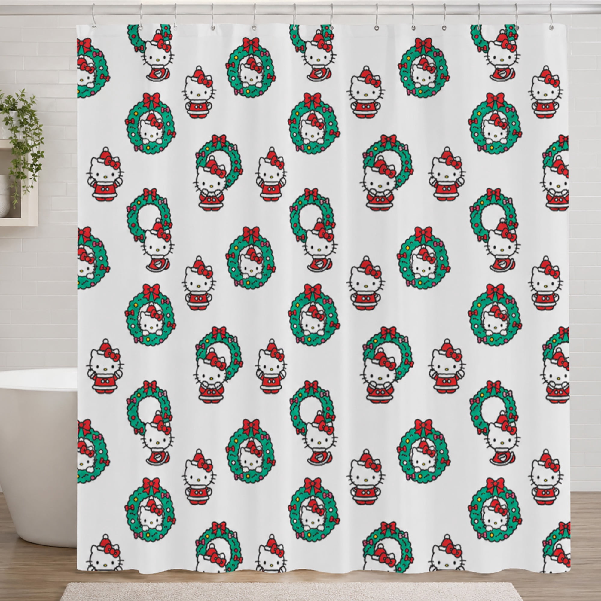 Hello Kitty Christmas Wreath Fabric Shower Curtain, 72 x 72
