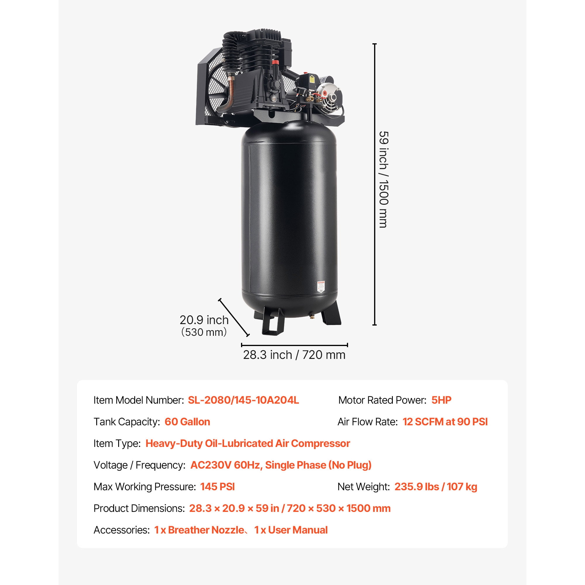KFFKFF 60-Gallon Heavy-Duty Air Compressor, 5HP, 12 SCFM at 90 PSI, Max 145 PSI Pressure, Oil-Lubricated Tank for Industrial Use and Large Workshops (230V, No Plug)