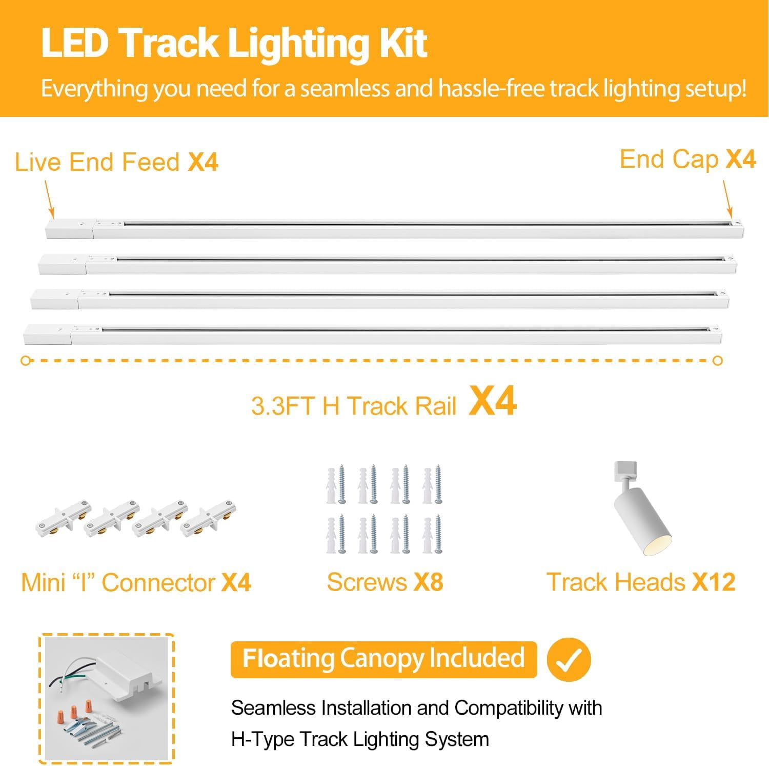 VANoopee 12-Light GU10 LED Track Lighting Kit with 13FT H Type Track Lighting Rail & Floating Canopy Connector, Modern Kitchen Track Lighting Fixtures Ceiling Spotlight, Track Heads White (No Bulbs)