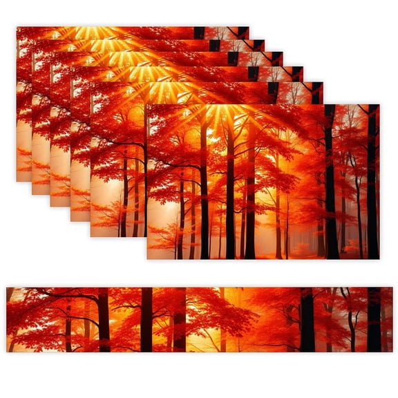 7 Piece Linen Table Runner and Placemats Set, Red Forest Sunset Round Corner Heat Resistant Washable Table Mats for Home Kitchen Dining Party Decoration