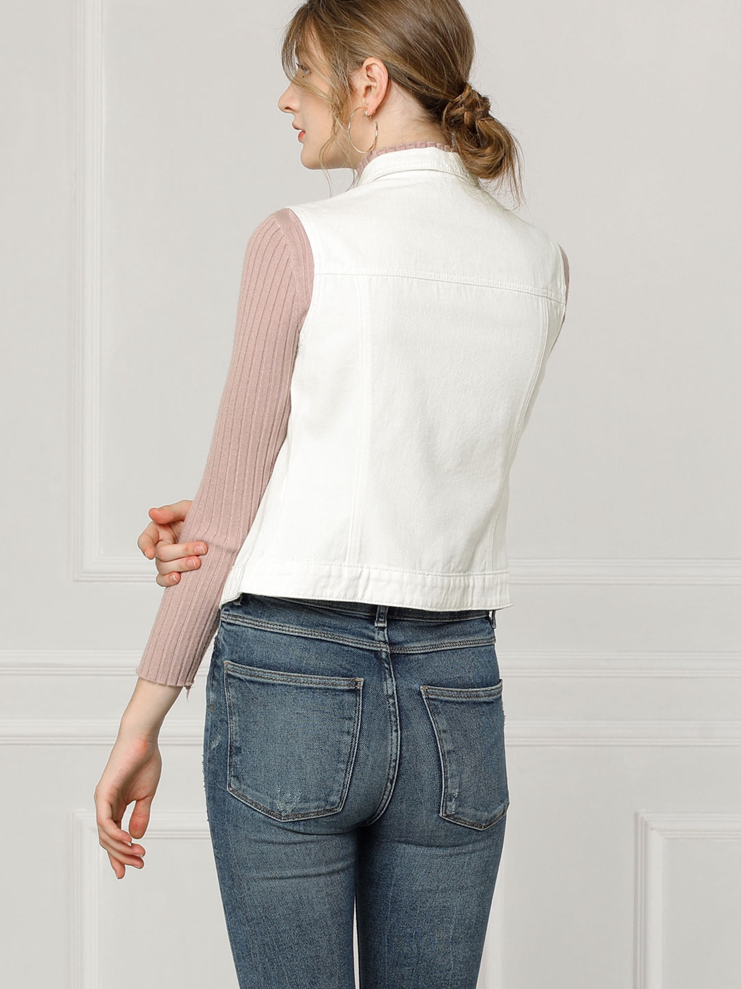 DARING DIVA Women's Denim Sleeveless Flap Pockets Vest Jacket 3XL White
