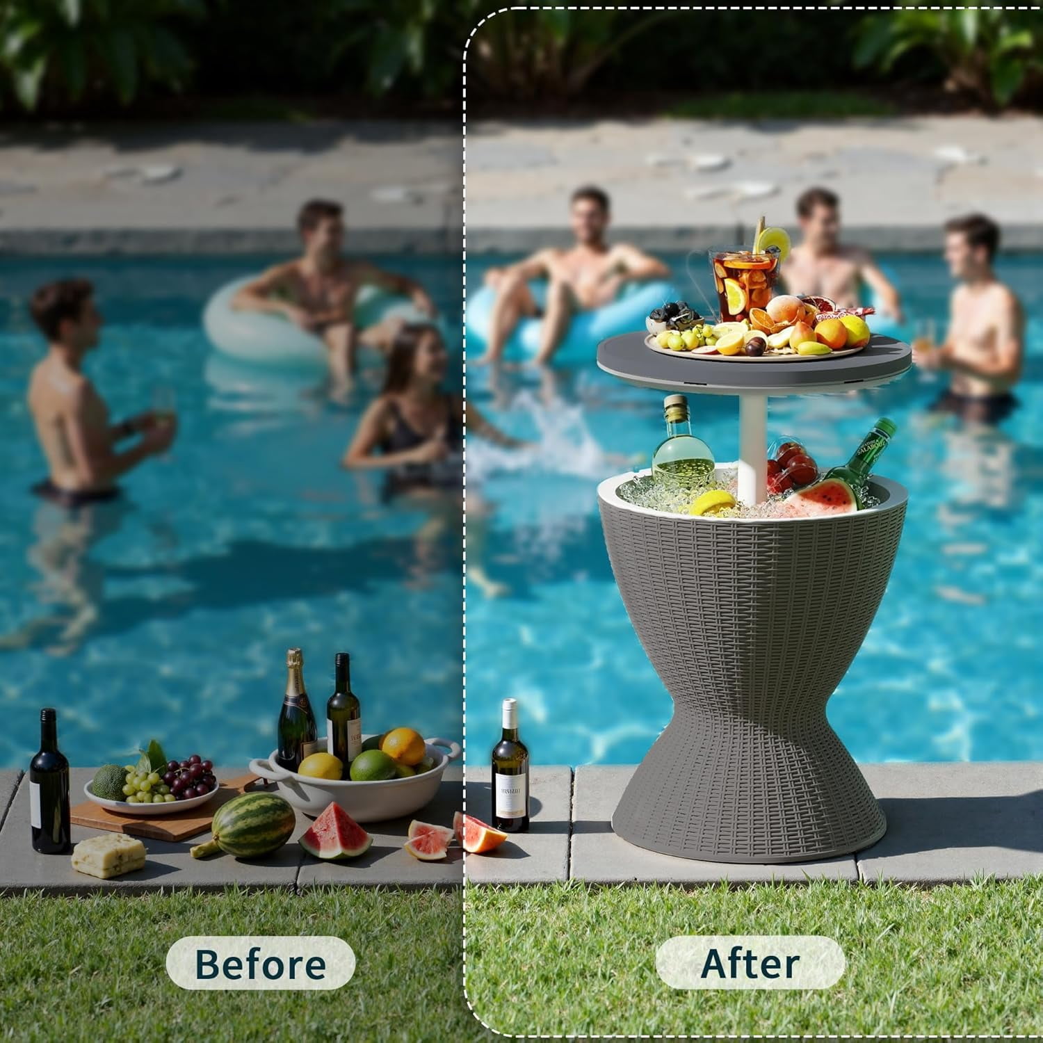 JFTER 3-in-1 Resin Ice Bucket & Beverage Cooler – Wood Look Patio Table, UV Protection & Drain Plug for Outdoor Parties, Bars, and Poolside Use