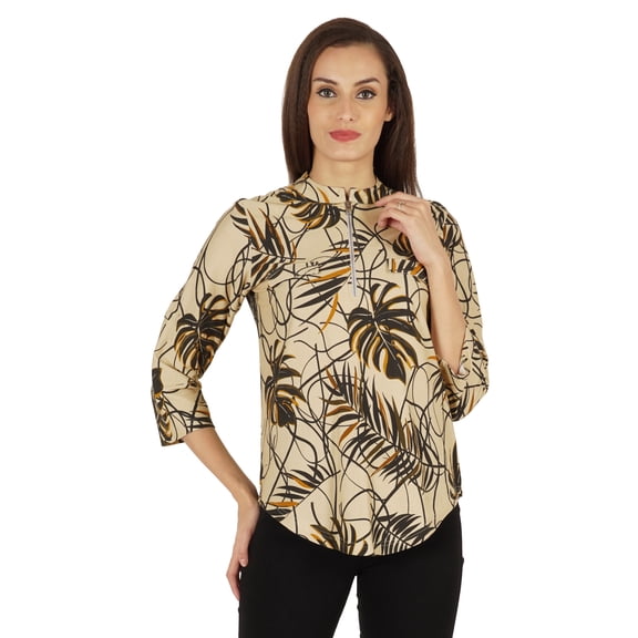 Inkmeso Fashionable Printed Casual Top For Womens Mandarin Collar Relaxed-Fit Tunic Top