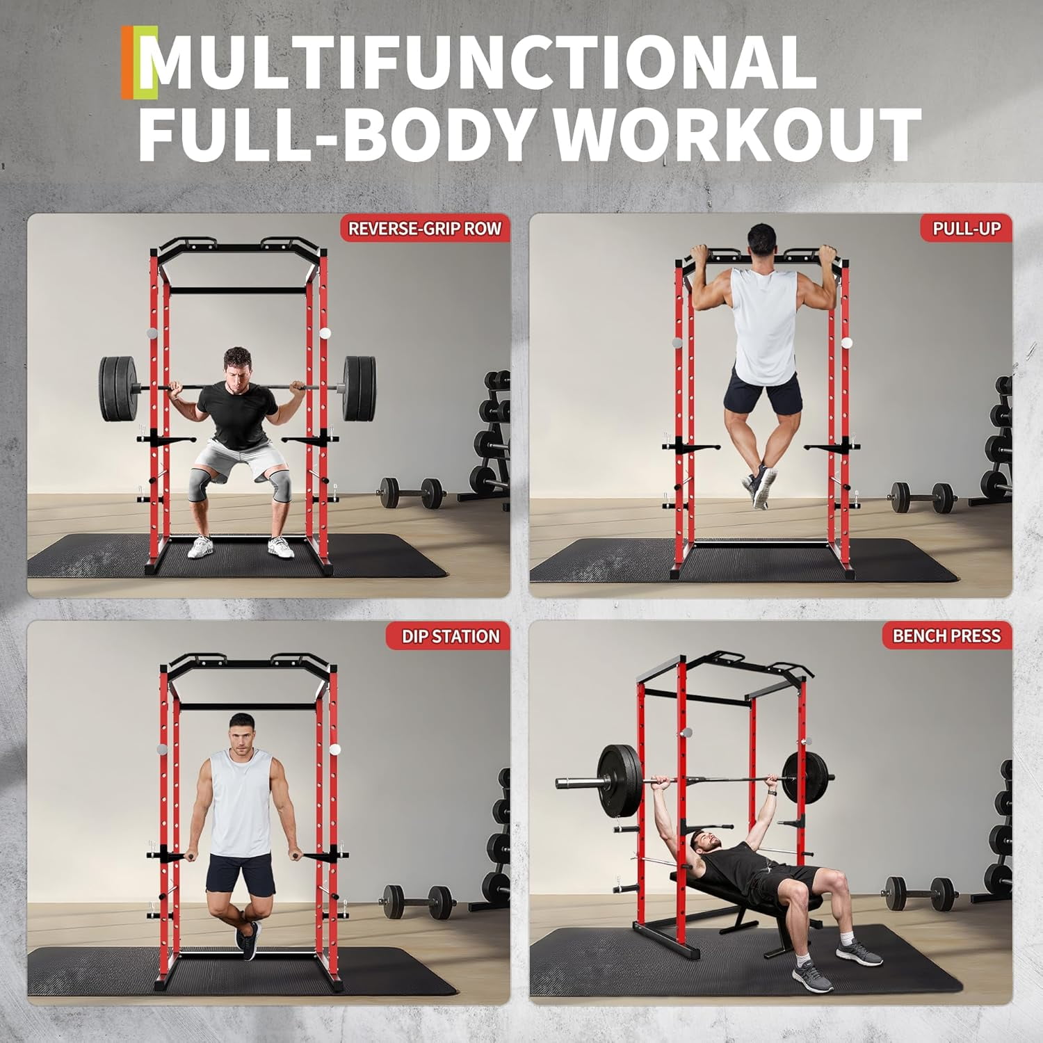 Power Cage Squat Rack with Pull-Up Bar, Dip Bars, & Adjustable Safety Bars, Strength Training for Home Gym 1100 lb Capacity
