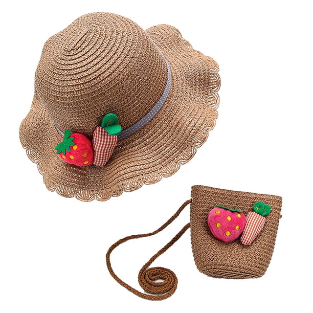 Conjunto de sombrero de paja y bolso de paja con protección solar para niños con circunferencia de la cabeza de 50-54 cm, linda decoración de fresa, sombrero para el sol de veranoCaqui