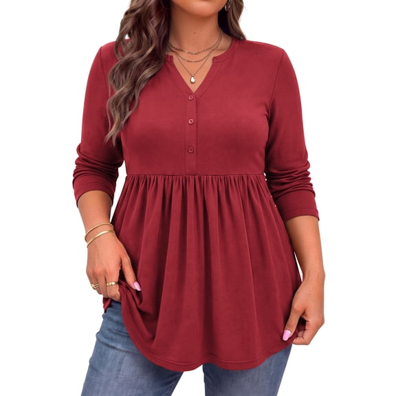 WellSize Plus Size Blouses for Women V Neck Curved Hems Tunic Tops Casual Long Sleeve Botton Fall Shirts