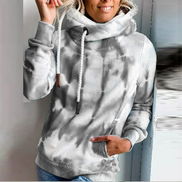 Sweatshirts Hooded Sweatshirt Women Tie-Dyed Print Long Sleeve Pocket Loose  Sweatshirt Hood Pullover Top Gray S 