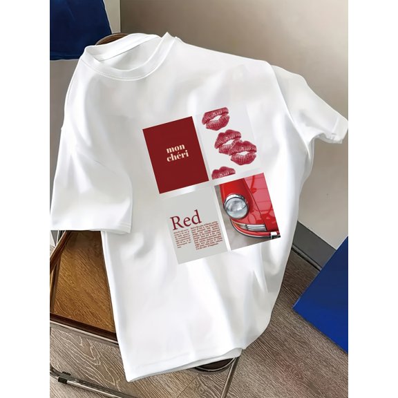 SHESIINN Women’s Romantic Collage Print Short Sleeve Round Neck T-Shirt, Striking Red Lips Cars Letters Design for Spring Summer Casual Fashion