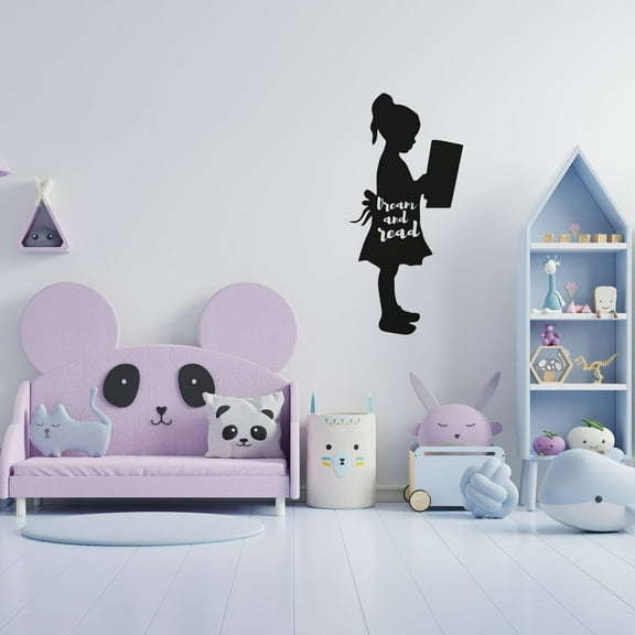 Dream And Read - Quote Cute Reading Little Girl Silhouette Reading Quotes Reading Hobby Vinyl Wall Art Wall Sticker Wall Decal Home Library Area Reading Corner Boys Girls Kids Size (20x14 inch)